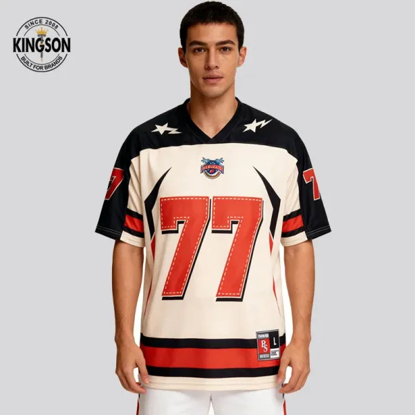 Design Kingson Custom Football Jersey 77 Cream Red Black Jersey - 1