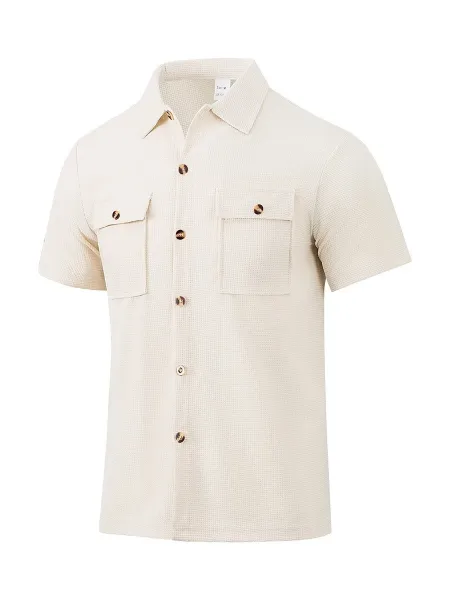 Design Beige Waffle Knit Short-Sleeve Shirt and Drawstring Pants Set Sets - 11