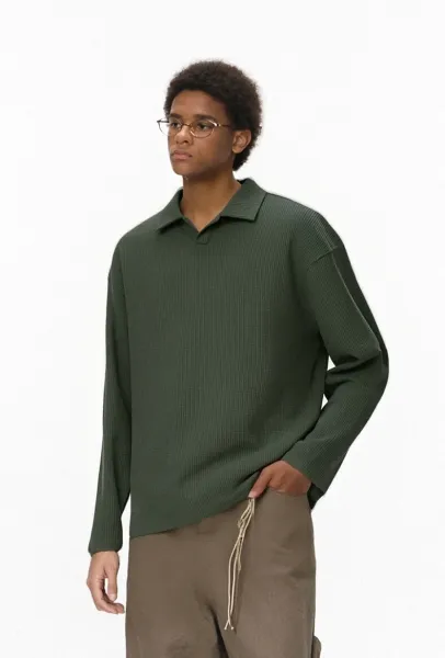 Design Waffle Knit Polo Shirt Beige Tops Polo - 21