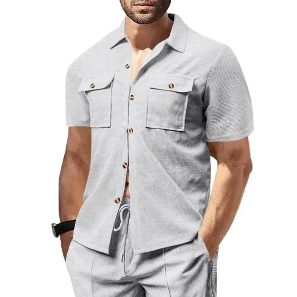 Design Beige Waffle Knit Short-Sleeve Shirt and Drawstring Pants Set Sets - 17
