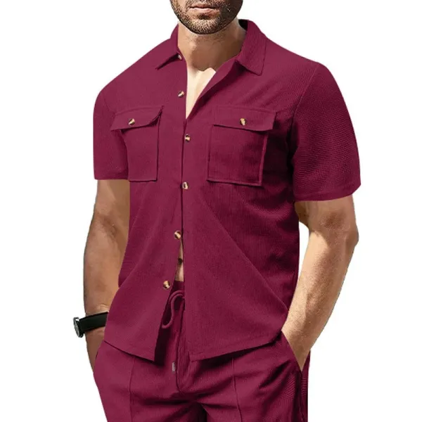 Design Beige Waffle Knit Short-Sleeve Shirt and Drawstring Pants Set Sets - 21