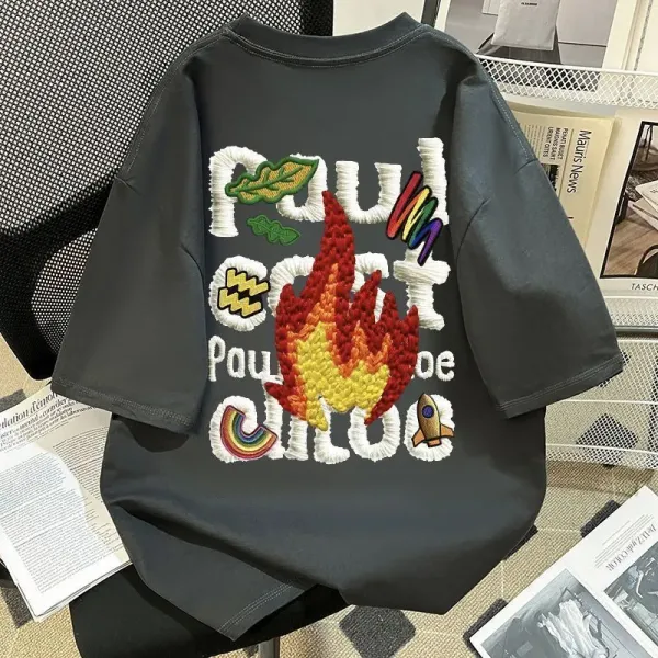 Design Embroidered Flame Graphic T-Shirt Beige - 13