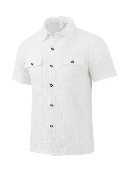 Design Beige Waffle Knit Short-Sleeve Shirt and Drawstring Pants Set Sets - 27