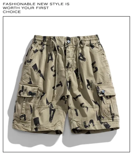 Design Cargo Shorts with Abstract Black Print Beige Shorts - 2