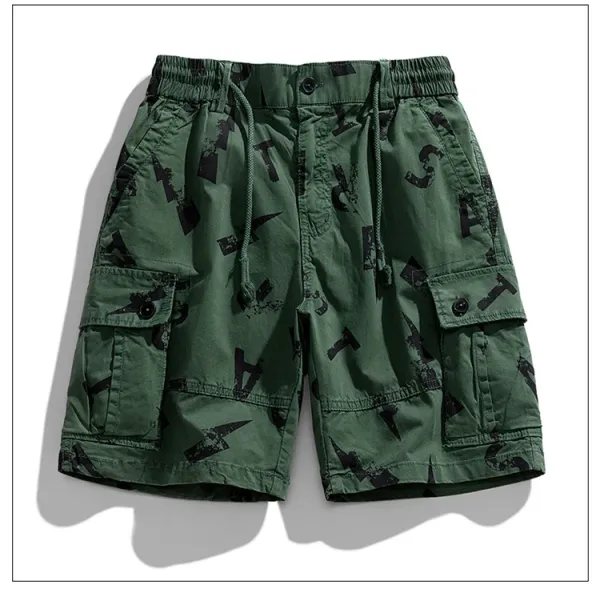 Design Cargo Shorts with Abstract Black Print Beige Shorts - 14