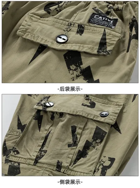 Design Cargo Shorts with Abstract Black Print Beige Shorts - 19