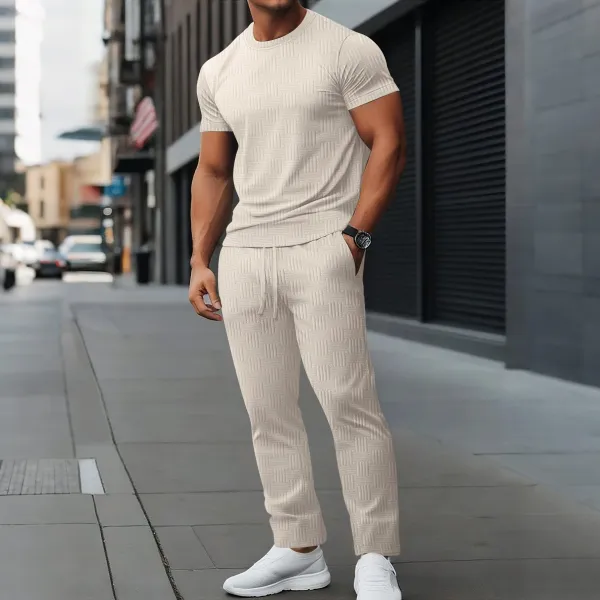 Design Textured Knit Set Black T-Shirt and Pants with White Sneakers - 6