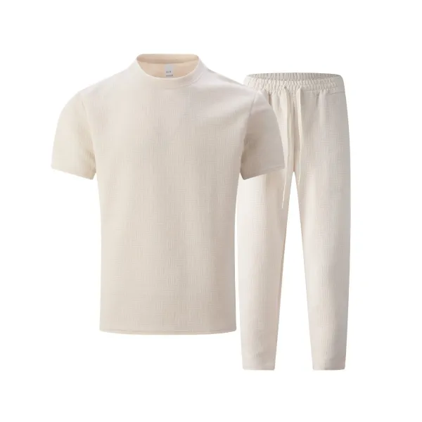 Design Textured Knit Set Black T-Shirt and Pants with White Sneakers - 7