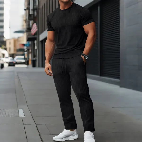 Design Textured Knit Set Black T-Shirt and Pants with White Sneakers - 9