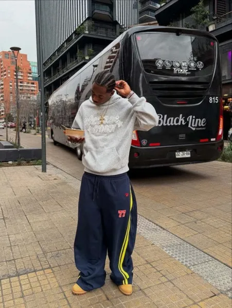 Design Wide-Leg Track Pants with Yellow Stripes and '77' Embroidery Navy Sweatpants - 5