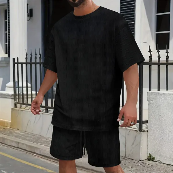 Design Textured Gray Oversized T-Shirt and Shorts Set - 6