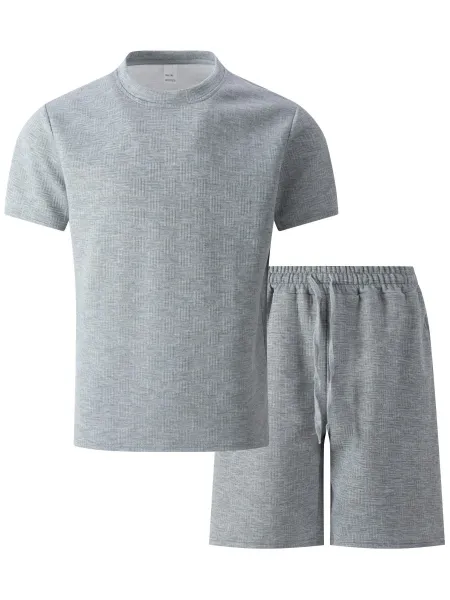 Design Textured Gray Oversized T-Shirt and Shorts Set - 16