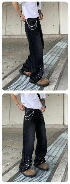 Design Pearl-Embellished Wide-Leg Denim Jeans Light Blue - 8