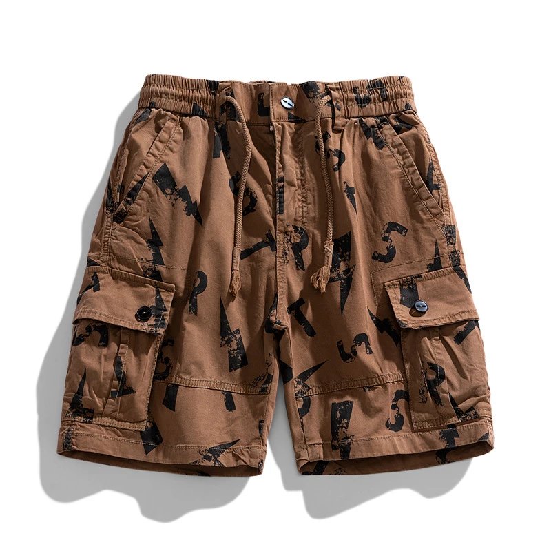 Design Cargo Shorts Brown with Abstract Black Print - 1