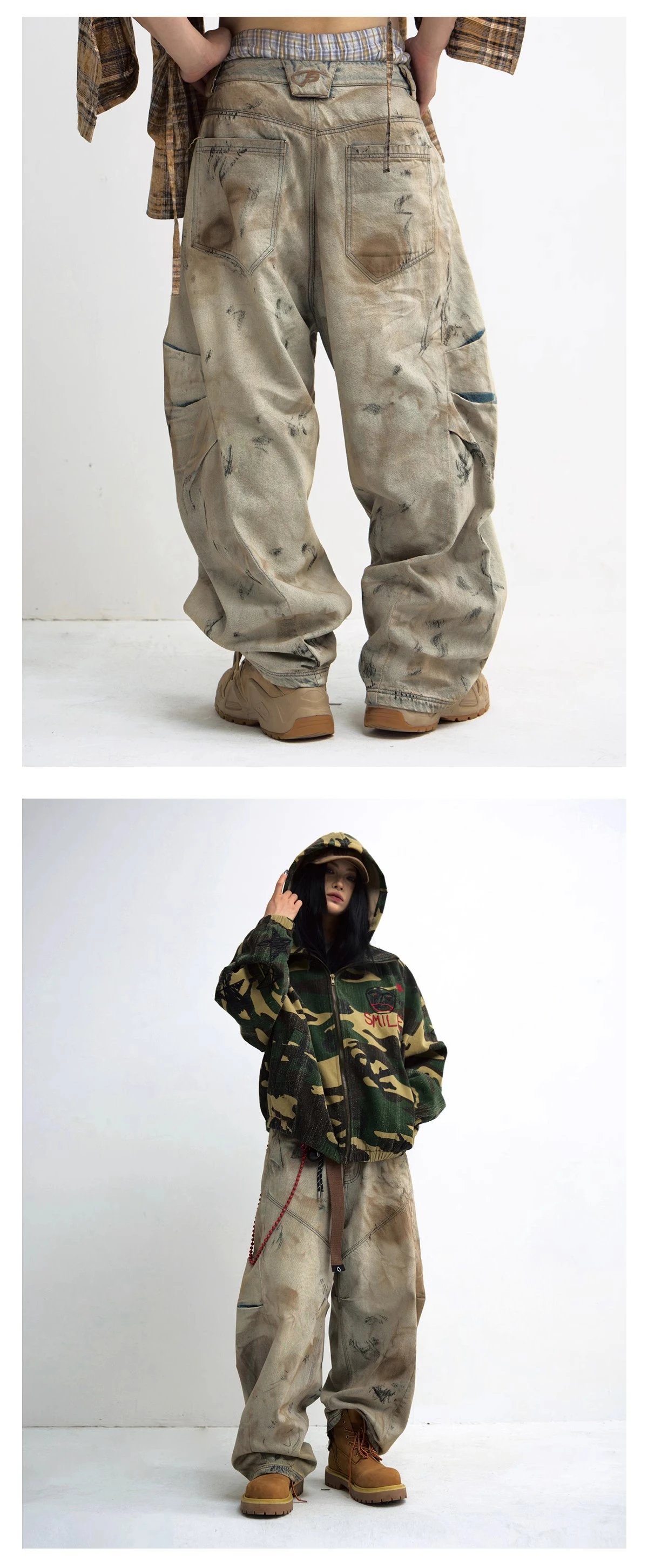 Design Distressed Oversized Cargo Pants Beige Multicolor Pants - 9