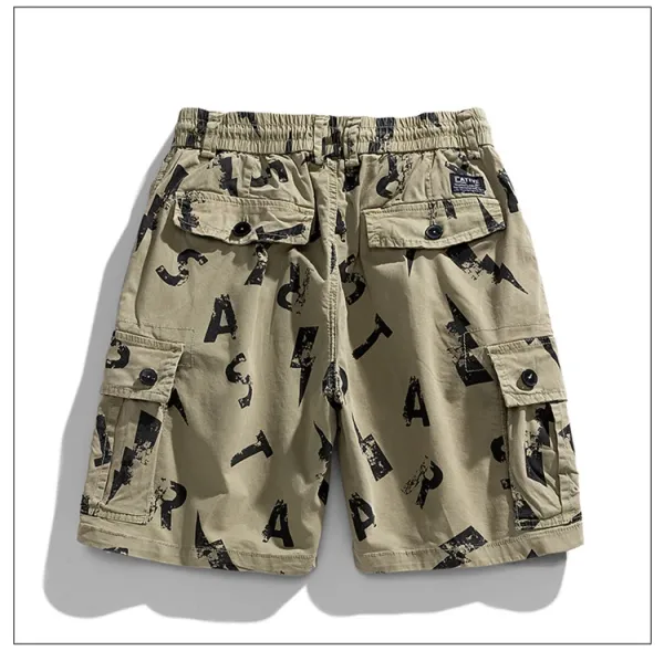 Design Cargo Shorts with Abstract Black Print Beige Shorts - 11