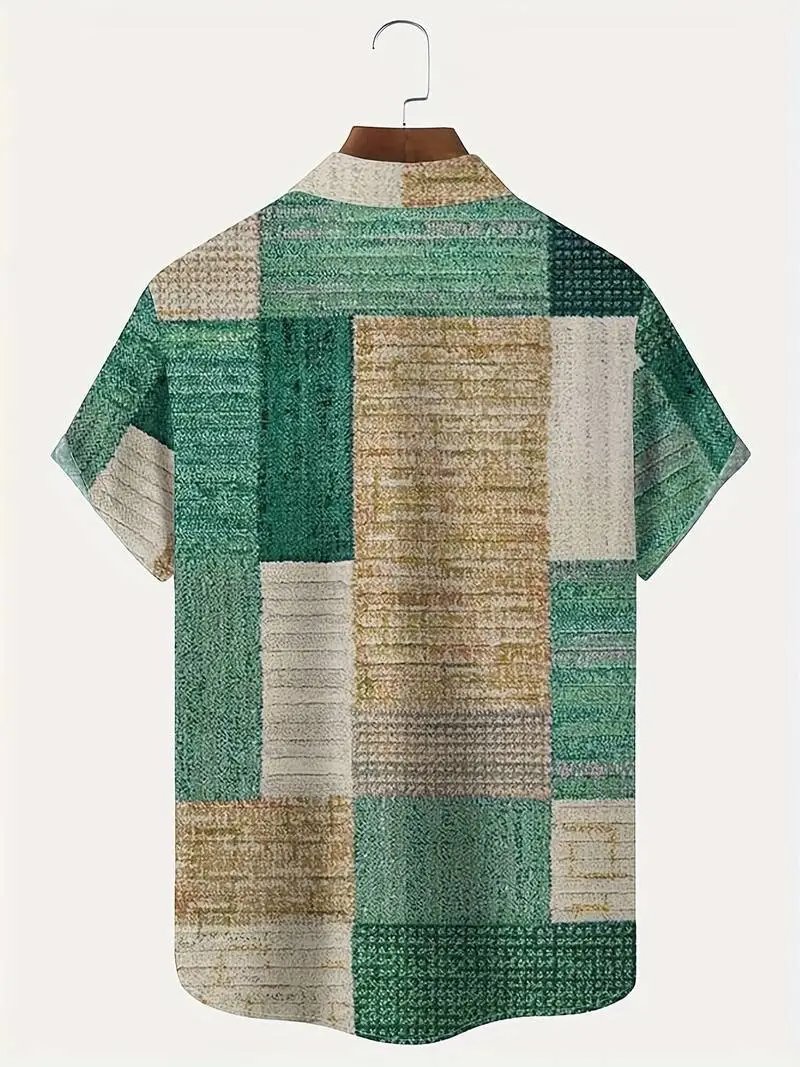 Design Patchwork Linen-Blend Shirt Green Beige Multicolor - 15