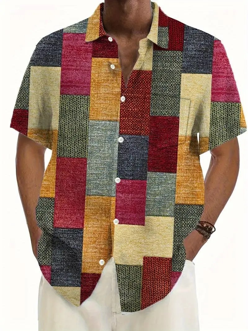 Design Patchwork Linen-Blend Shirt Green Beige Multicolor - 20