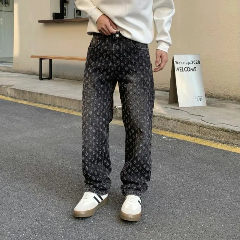 Men's American-Style Jacquard All-Over Print Jeans Summer Streetwear Loose Straight Washed Casual Pants Men's Thin