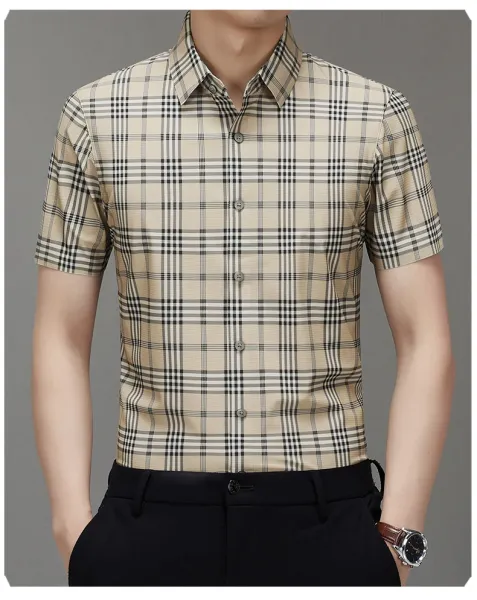Design LGG Plaid Short-Sleeve Button-Up Shirt Beige Shirt - 11