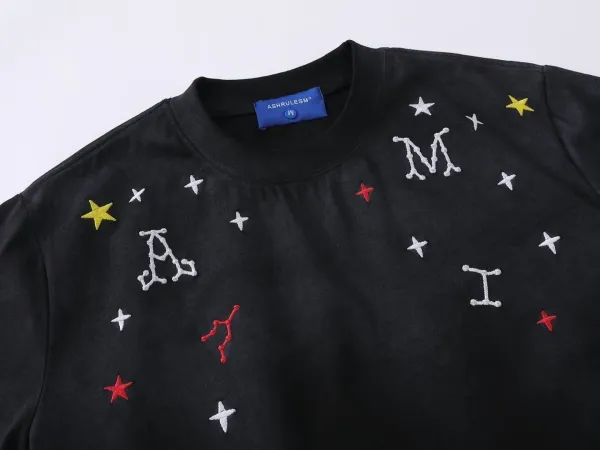 Design Ashrulem Star Constellation Embroidered Black T-Shirt T-Shirts - 12