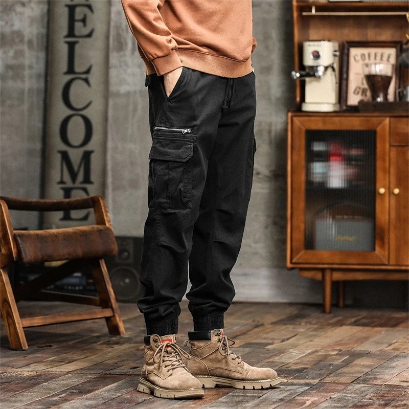 Cargo Pants Black with Zippered Pocket and Elastic Cuff Pants