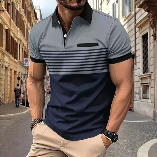 Design Color-Block Stripe Polo Navy Gray Black Tops Polo - 7
