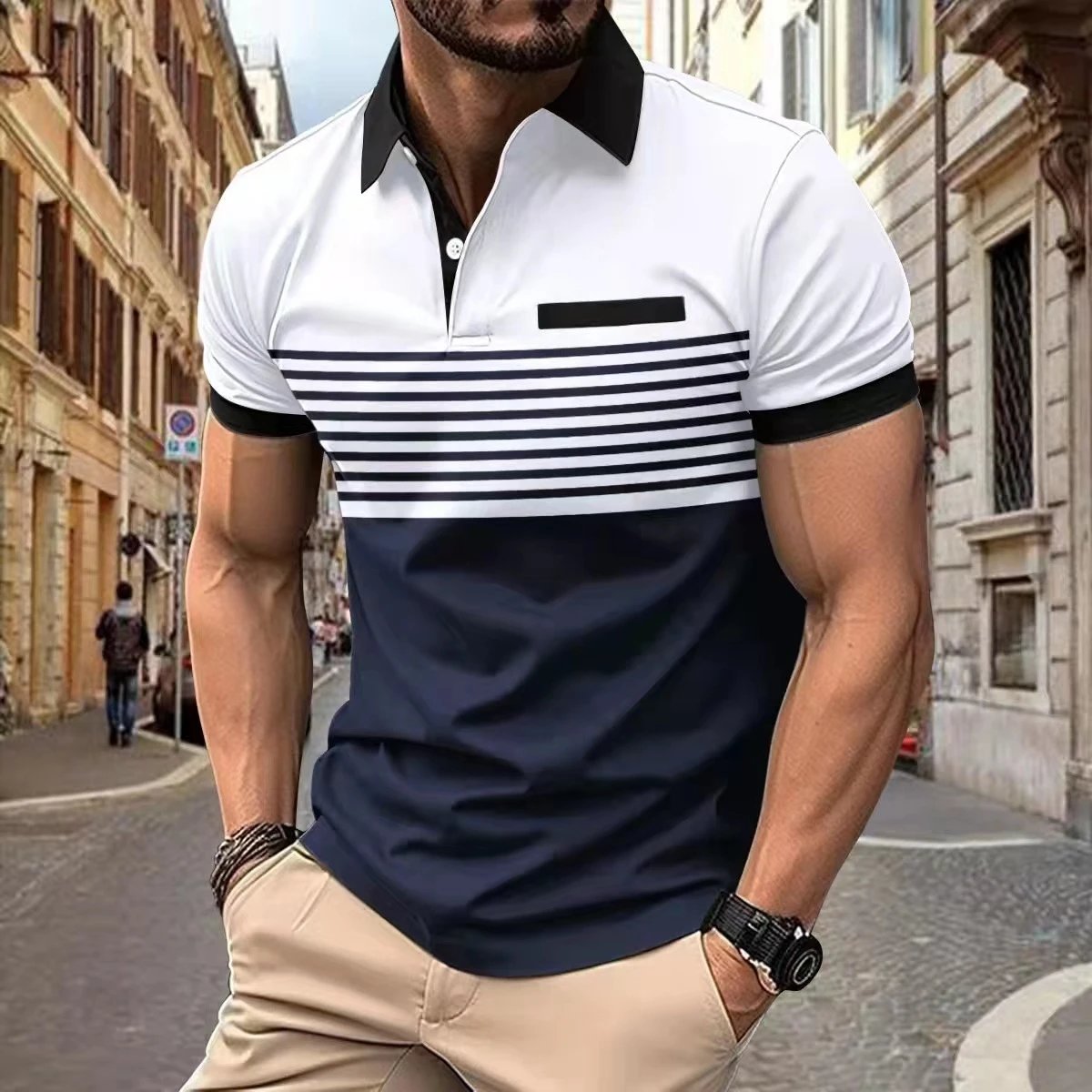 Design Color-Block Stripe Polo Navy Gray Black Tops Polo - 8