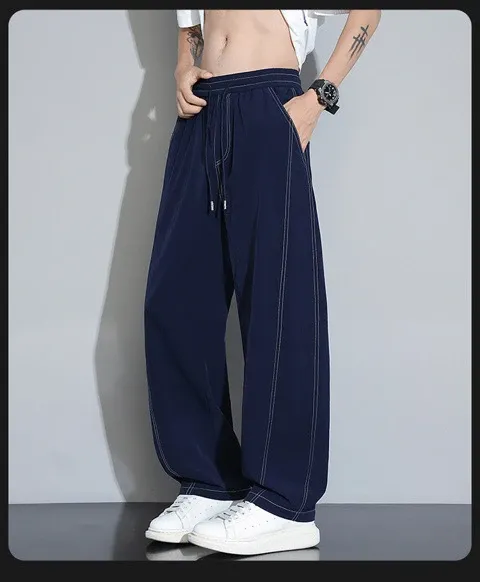 Design Wide-Leg Track Pants with Contrast Stitching Black Pants Sweatpants - 23