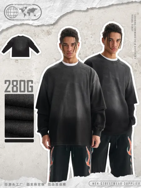 Design Distressed Layered Sleeve Long-Sleeve T-Shirt Black - 2