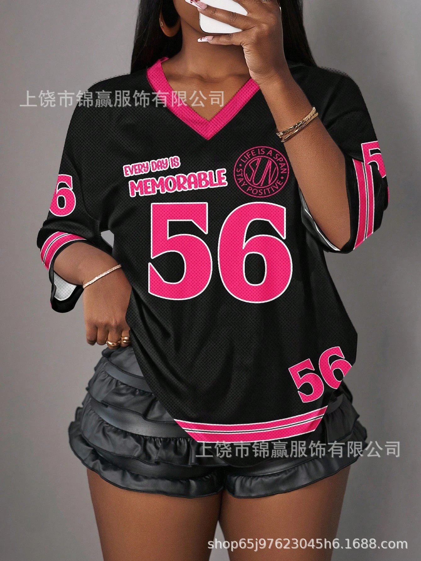 Design Make Money Not Friends Pink Black Butterfly V-Neck Jersey Tops Jersey - 14