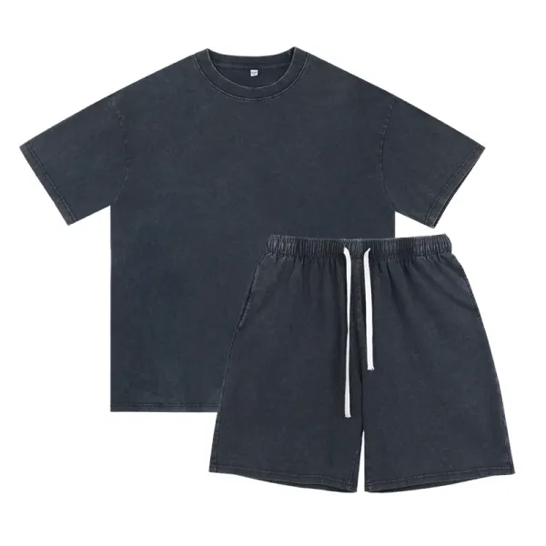 Design Washed Black Oversized T-Shirt and Drawstring Shorts Set - 1