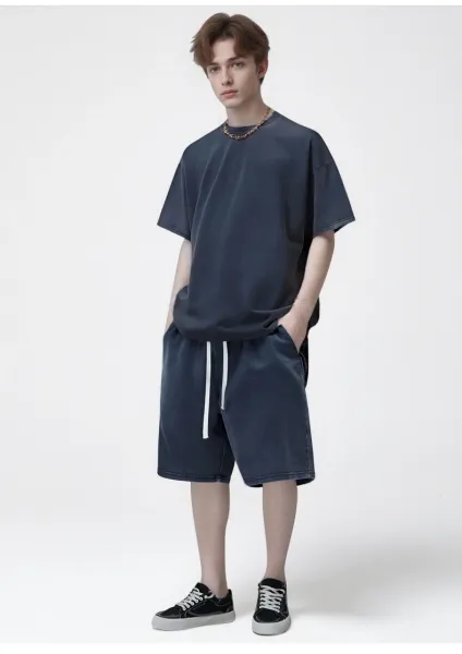 Design Acid Wash Gray T-Shirt and Shorts Set - 14