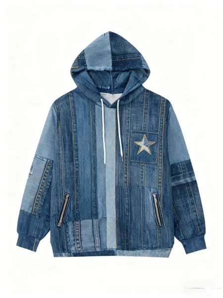 Design Denim Patchwork Hoodie White Blue - 11