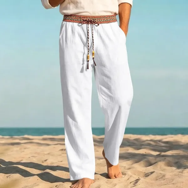 Design Bohemian Linen Drawstring Pants White - 13