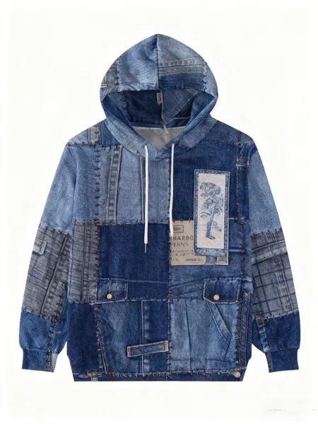 Design Denim Patchwork Hoodie White Blue - 18