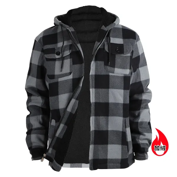 Design Plaid Hooded Fleece-Lined Jacket Black Gray Outerwear Jacket - 1