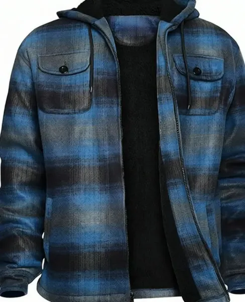 Design Plaid Hooded Sherpa-Lined Jacket Blue Multicolor Outerwear Jacket - 1
