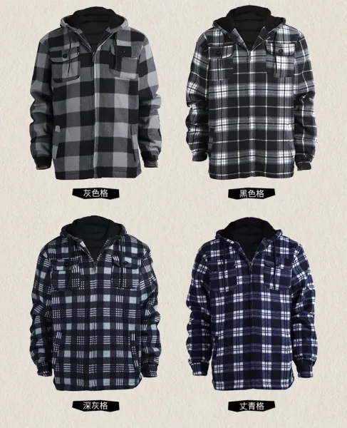Design Flannel Hooded Jacket Army Green Black Plaid Outerwear - 10