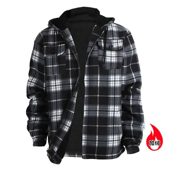 Design Plaid Hooded Fleece-Lined Jacket Black White Gray Outerwear - 1