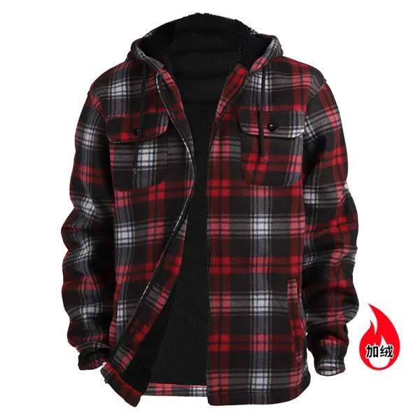 Design Plaid Hooded Fleece-Lined Jacket Red Black Gray Outerwear Jacket - 1
