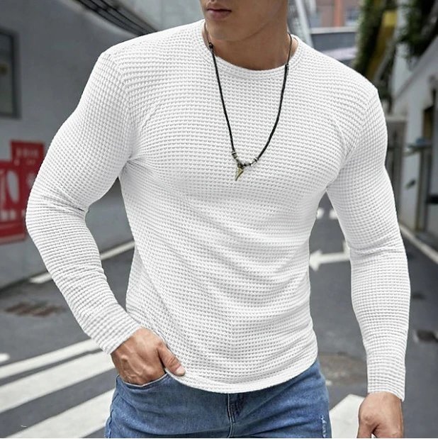 Design Waffle Knit Long Sleeve Crew Neck White Base-Layer Top - 1