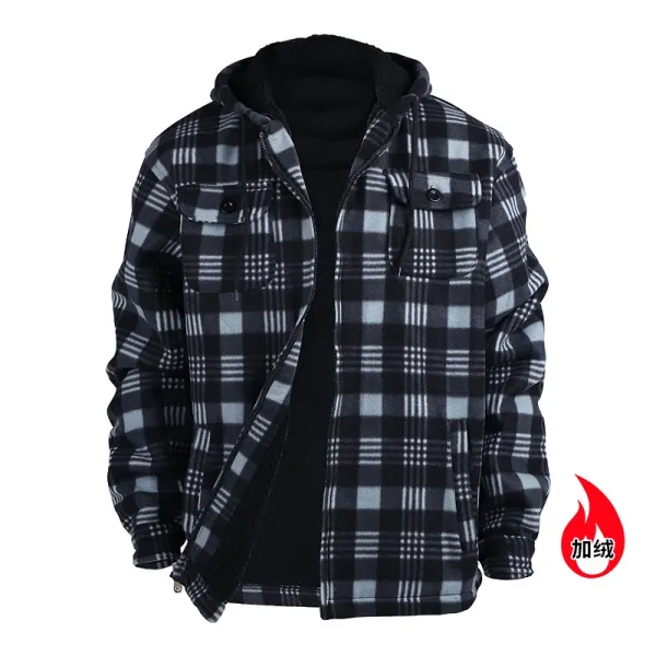 Design Plaid Hooded Fleece Jacket Black Gray Outerwear Jacket - 1