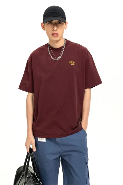 Design Embroidered Script Logo Burgundy Oversized T-Shirt - 5
