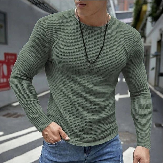 Design Waffle Knit Long Sleeve Crew Neck White Base-Layer Top - 3