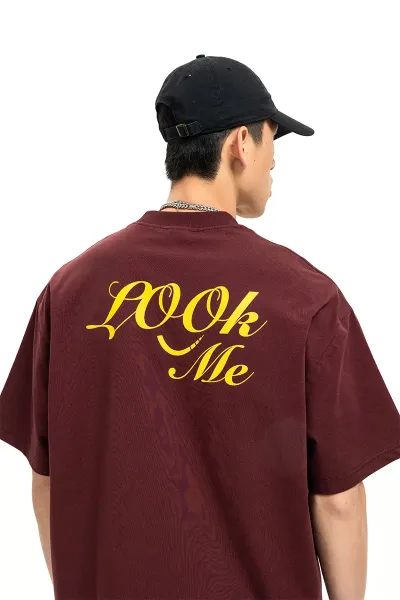 Design Embroidered Script Logo Burgundy Oversized T-Shirt - 9