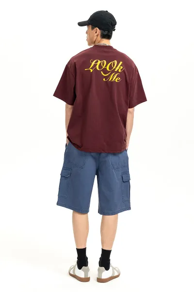Design Embroidered Script Logo Burgundy Oversized T-Shirt - 11
