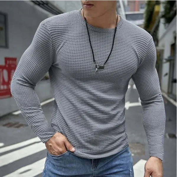 Design Waffle Knit Long Sleeve Crew Neck White Base-Layer Top - 9