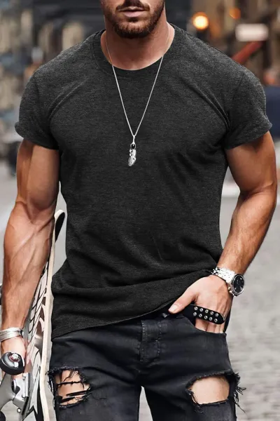 Design Basic Fit Army Green T-Shirt with Ripped Black Jeans - 14