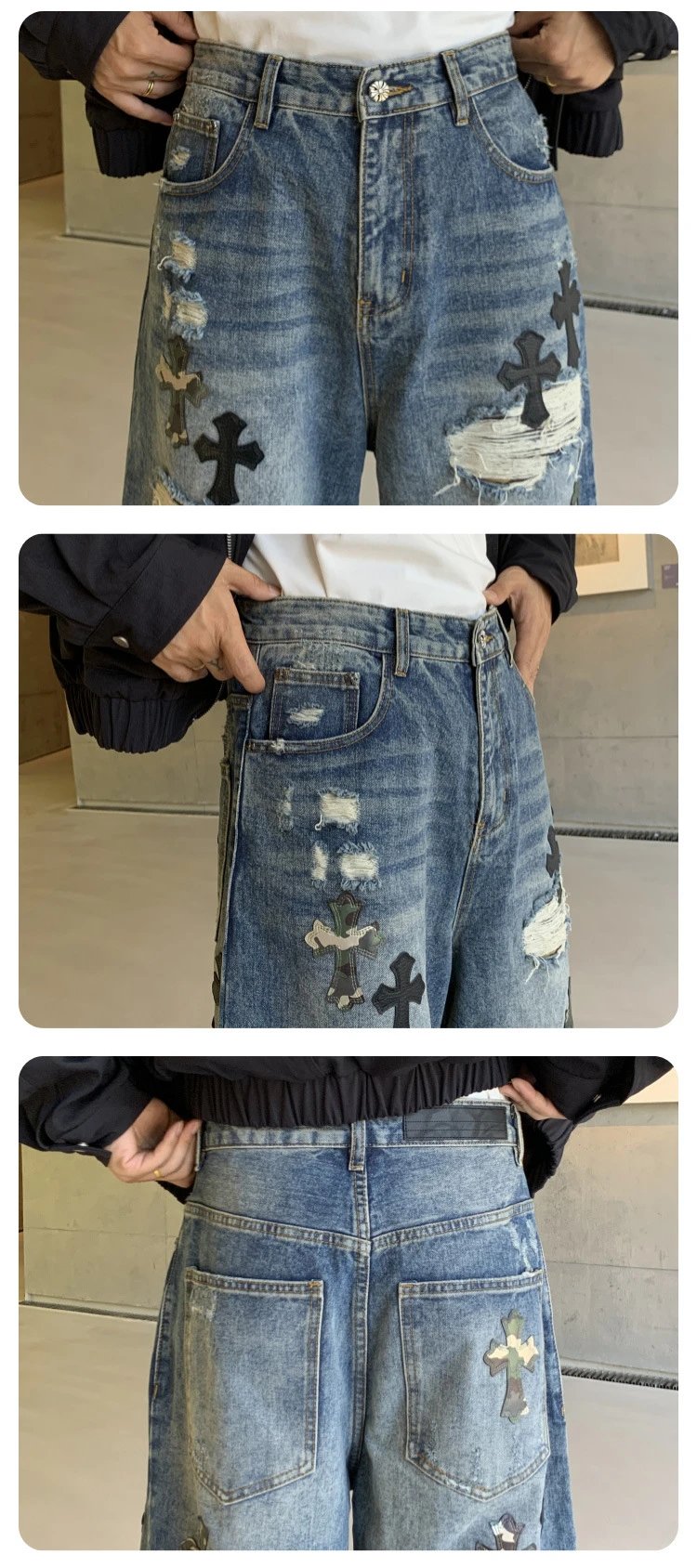 Design Distressed Rhinestone-Embellished Wide-Leg Jeans Gray - 19